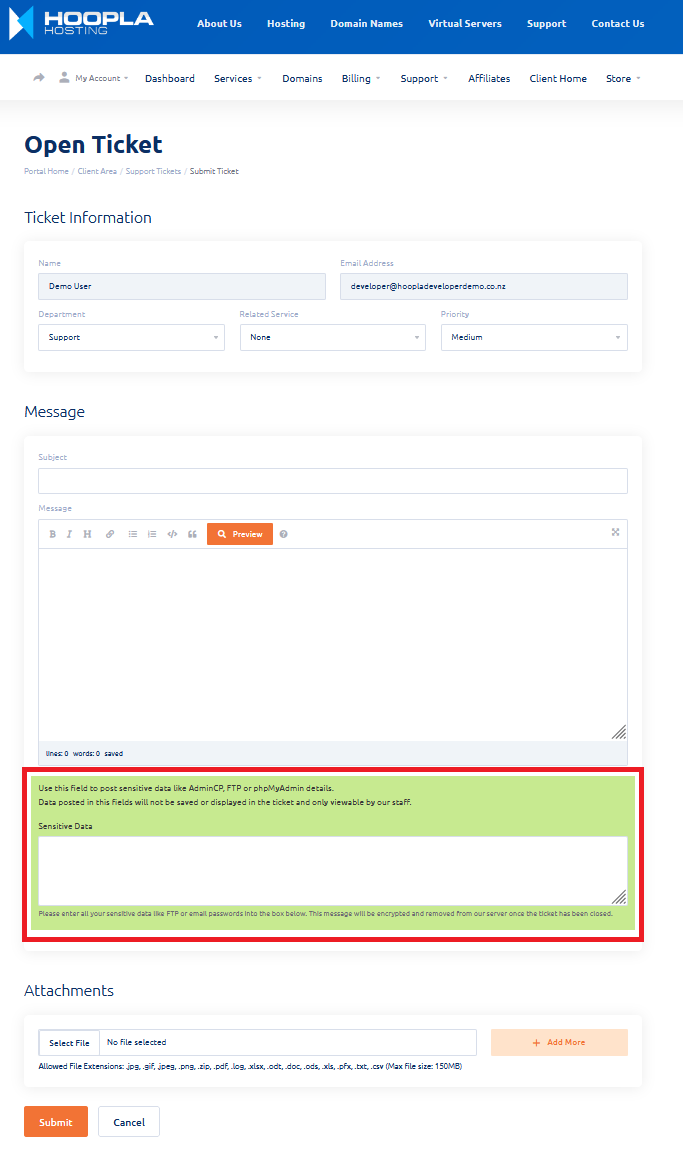 Sensitive Data Ticket
