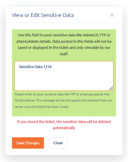Sensitive Data Ticket Entry - popup window